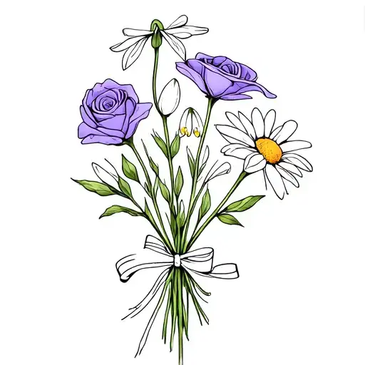 bouquet of a snow drop flower, violet flower, dafodil flower, daisy flower, and rose flower, tied together with a ribbon tattoo design idea