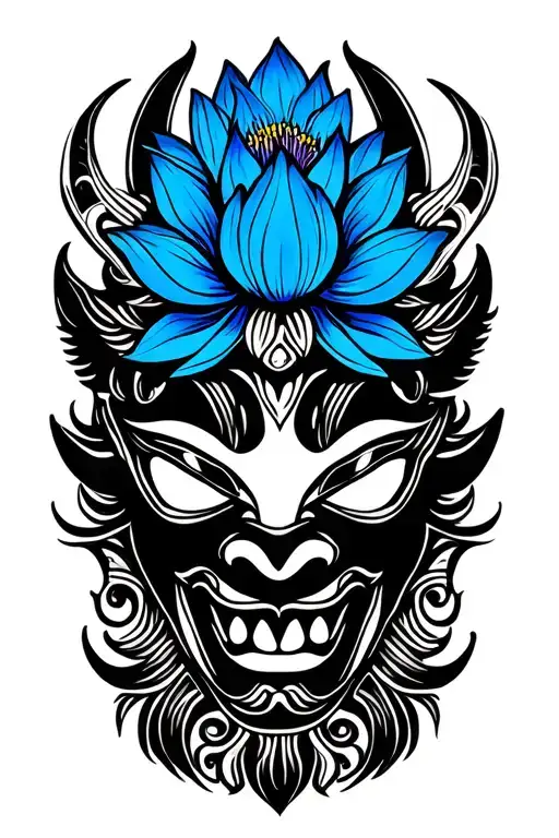 Sri Lankan devil mask with blue lotus flowers intertwined tattoo design idea