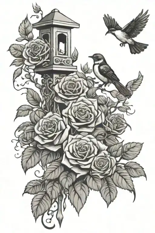 rose bush with Indian totem pole but bird feeder in middle with willy wagtails sitting on it tattoo design idea