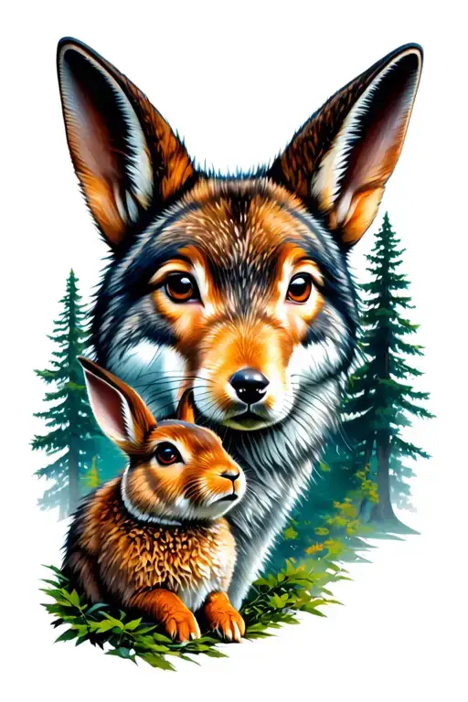 PNW forest landscape including small rabbit and small wolf tattoo design idea
