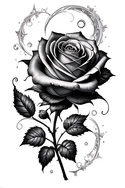 A black-grey tattoo of the enchanted rose from Beauty and the Beast surrounded by magical swirls and sparkles tattoo design idea