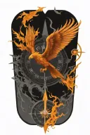 compass layered behind a clock representing the course for life over time. Overlapping is a Phoenix rising uo tattoo design idea