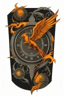 compass layered behind a clock representing the course for life over time. Overlapping is a Phoenix rising uo tattoo design idea