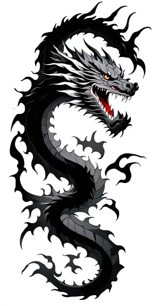 dragon and samurai with black flames tattoo design idea