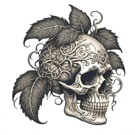 skull surrounded by vines with thorns with a little hidden M tattoo design idea