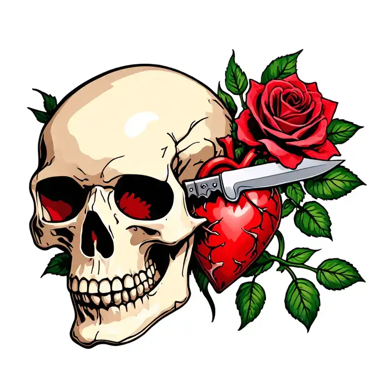 A skull with an ajar mouth from which a Rose grows in the form of a broken pierced heart with a knife, on a stem with th tattoo design idea