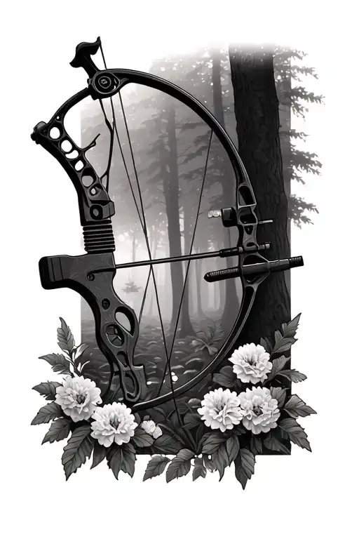 forest fading in the background a nocked compound bow in the center and carnations around the edges tattoo design idea