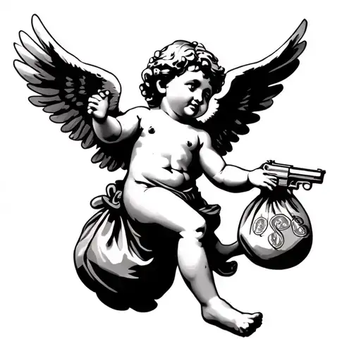 black cherub flying in the air with a bag of money and a pistol tattoo design idea