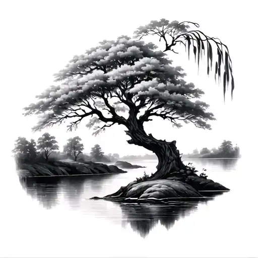 willow tree and stream  tattoo design idea