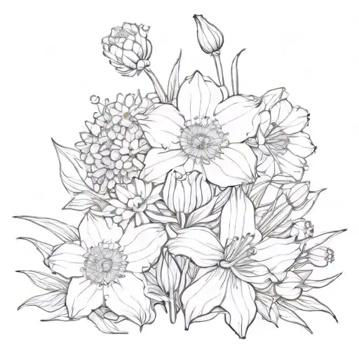 two Daffodils, three daisies, one sweet pea, one poppy, one cosmos, one Chrysanthemum, one aster,  all in a conch shell  tattoo design idea