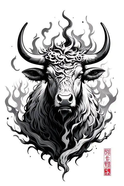 Fire OX with korean plum tree brush style illustration tattoo design idea