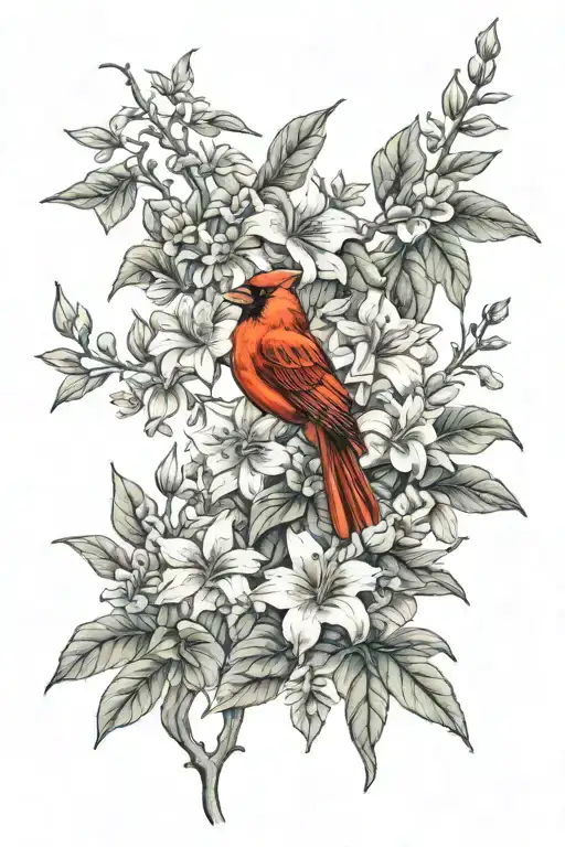honeysuckle vines with various flowers with red cardinal and hummingbirds  tattoo design idea