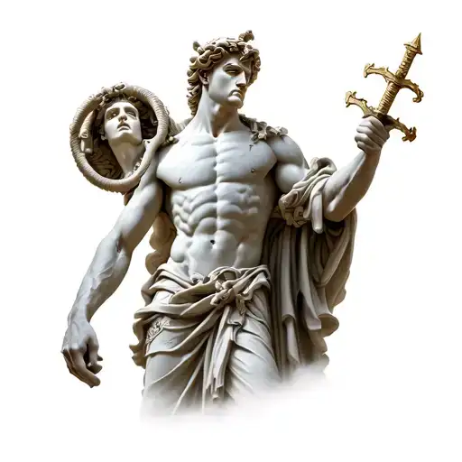 Styalized marble statue of Perseus holding Medusa's head in one hand and a sword in his other tattoo design idea