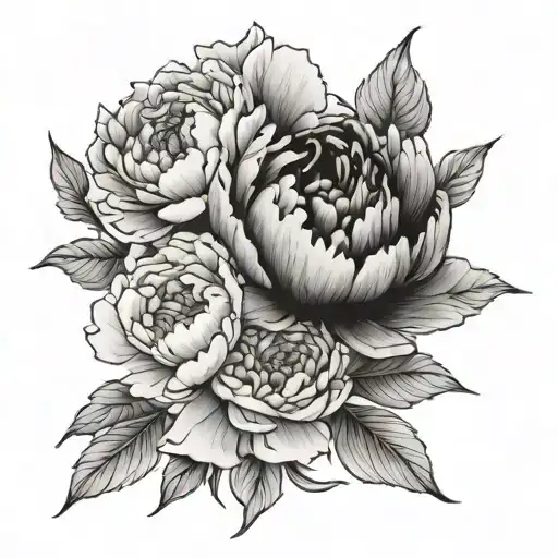 A tattoo of a black and gray full bloom peony with a few additional smaller peonies as well as a single rose  tattoo design idea