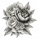 A tattoo of a black and gray full bloom peony with a few additional smaller peonies as well as a single rose  tattoo design idea