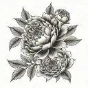 A tattoo of a black and gray full bloom peony with a few additional smaller peonies as well as a single rose  tattoo design idea
