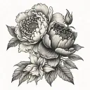 A tattoo of a black and gray full bloom peony with a few additional smaller peonies as well as a single rose  tattoo design idea