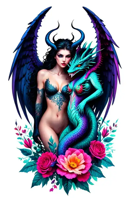 sexy demon and angel with dragon intertwined blacks purples teals reds neon with flowers full coverage  tattoo design idea