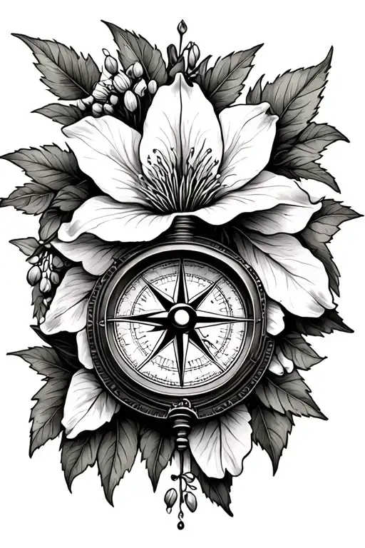 compass with clematis flower tattoo design idea