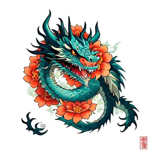 Upper arm half sleeve with an oriental floral design and the dragon vorkath from runescape tattoo design idea