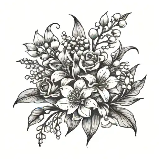 lily of the valley flower, Rose flower, Violet flower, snowdrop flower bouquet simplistic thin outline  tattoo design idea