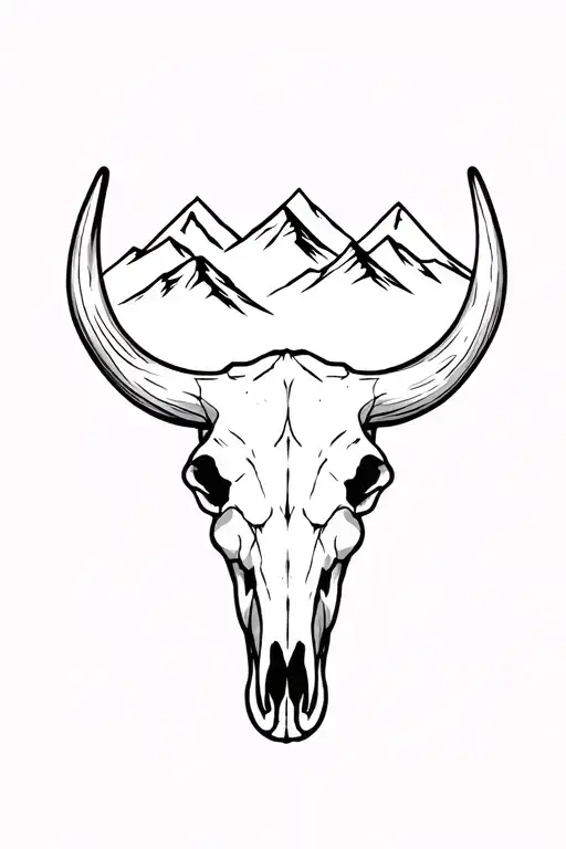 A simple cow skull with mountains in the background tattoo design idea
