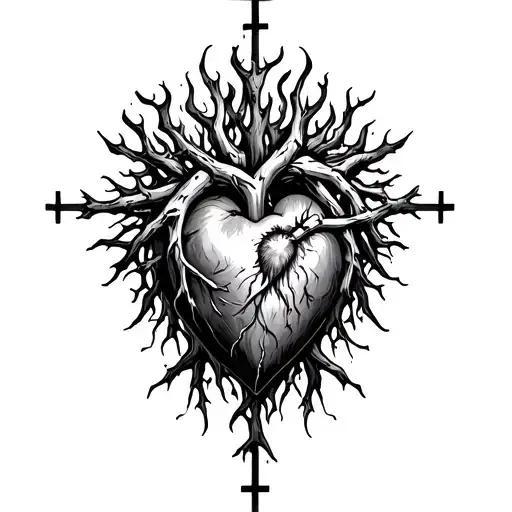 create a sleeve tattoo which features jesus' sacred heart with thorns and fire. surrounding that include crosses+roots tattoo design idea