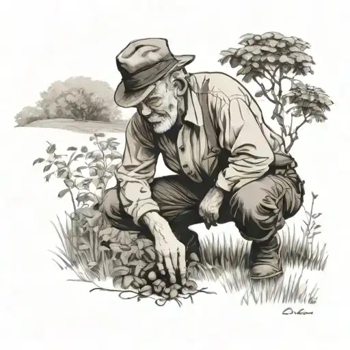 An old man with an irish cap, kneeling down in a field to gently plant a small walnut tree tattoo design idea