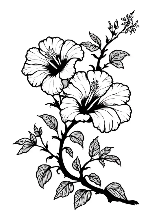 show me a multiple hibiscus flower with no leaves, connected to tiny beautiful vines, and a beautiful poison tree in the tattoo design idea