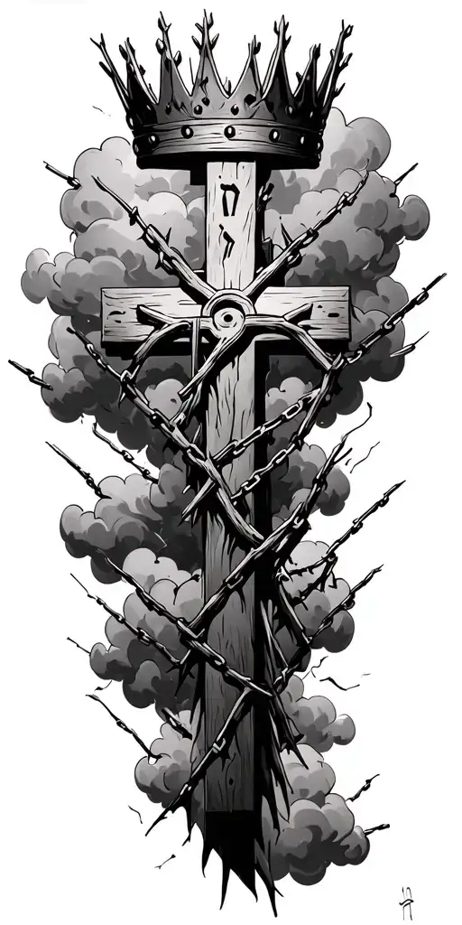 thorn crown three crosses verse Isaiah 6:8 chain link breaking "chainbreaker" in hebrew Yahweh faded clouds surrounding  tattoo design idea