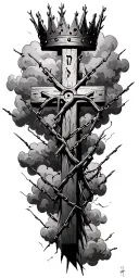 thorn crown three crosses verse Isaiah 6:8 chain link breaking "chainbreaker" in hebrew Yahweh faded clouds surrounding  tattoo design idea