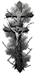 thorn crown three crosses verse Isaiah 6:8 chain link breaking "chainbreaker" in hebrew Yahweh faded clouds surrounding  tattoo design idea