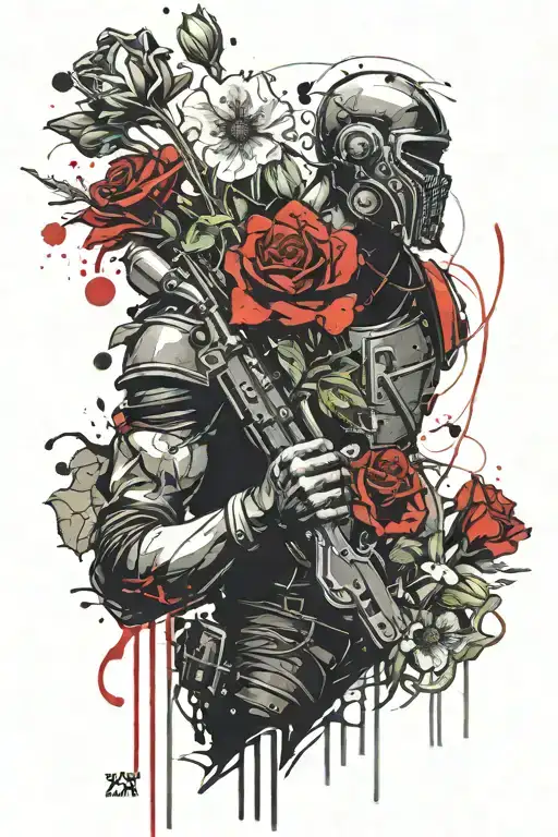 executioner holds flower bouquet tattoo design idea