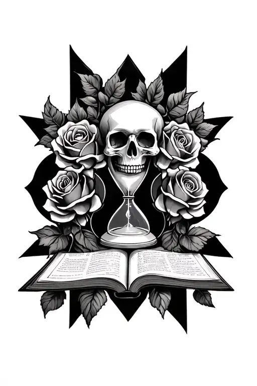 gothic cathedral, roses, skull, 3 spades, hourglass, book tattoo design idea