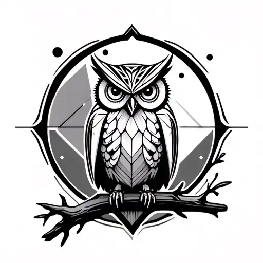 geometric owl perched on a branch surrounded geo symteric shapes tatto tattoo design idea
