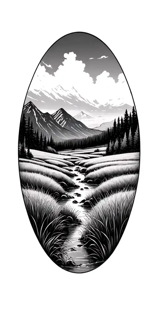 sketch stream flowing through a meadow mountain scape in background grass in front tattoo design idea