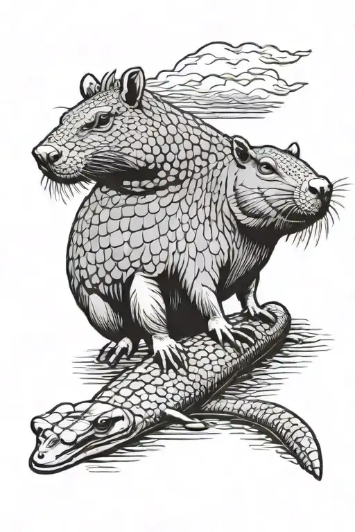 capybara sitting on top of a crocodile swimming tattoo design idea
