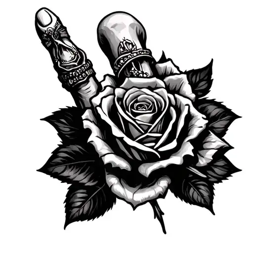 two fingers of skeloten on the pinky finger and the ring finger and a rose on the back of the hand tattoo design idea