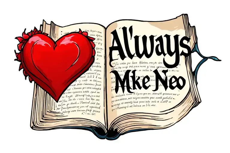 fantasy book, a heart, the word "always", the name Mike tattoo design idea