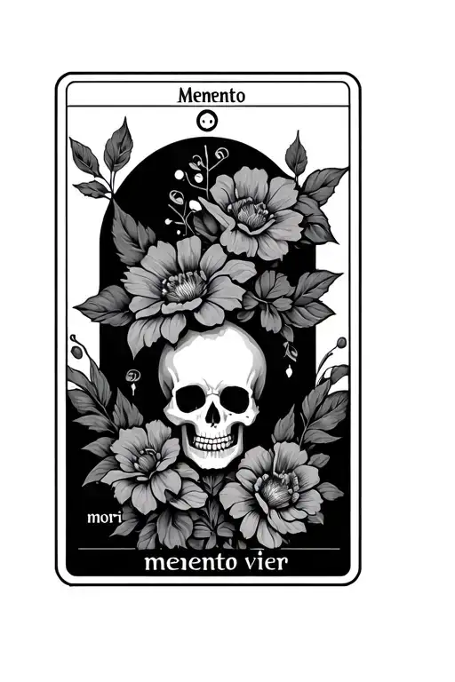 Black and grey Tattoo of tarot card with a skull and flowers and has saying memento mori memento vivere tattoo design idea