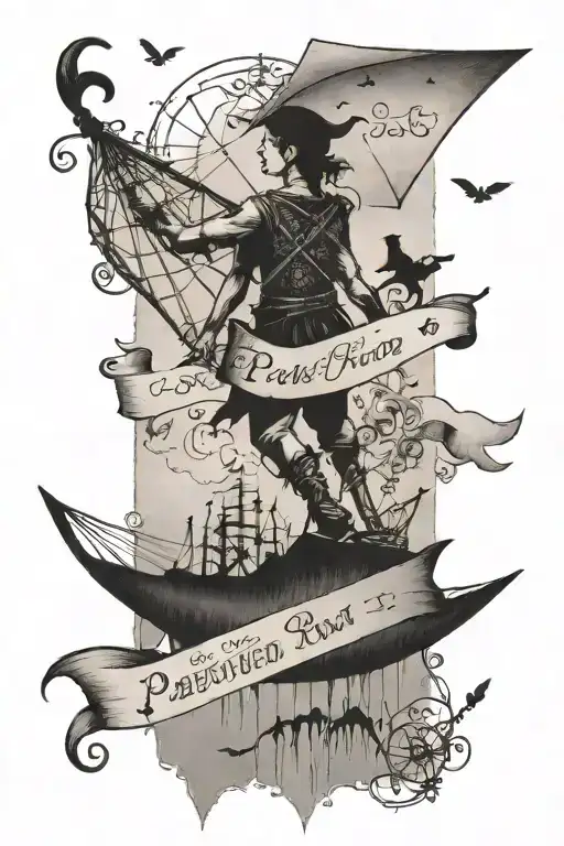 Words on parchment with Kite and Peter pan tattoo design idea