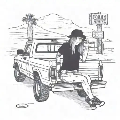 Girl sitting in a flatbed ford on a gas station in Arizona in the desert tattoo design idea