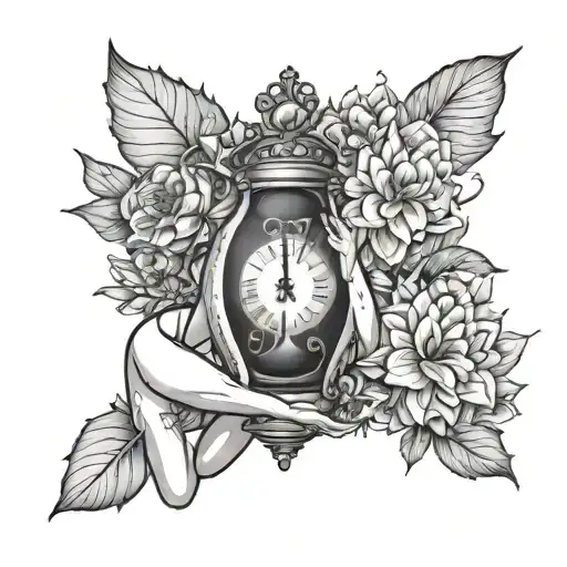 a sexy nude woman holding an hour glass in her hand with dahlias around the hour glass. Black sand falling in the hour g tattoo design idea
