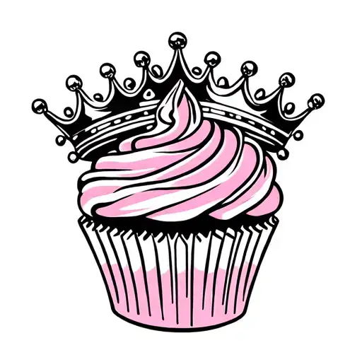 a cupcake with pink icing wearing a queens crown cocked to the side  tattoo design idea