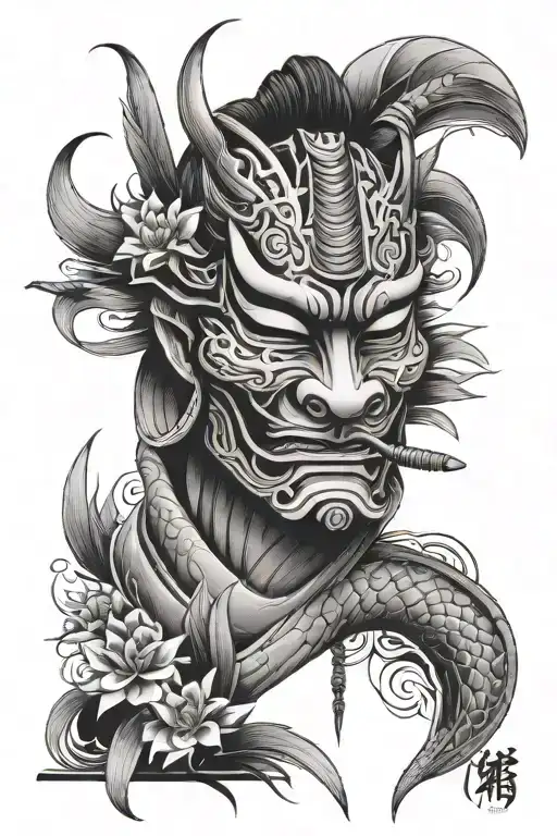 samurai mask, crane, koi, bamboo tattoo design idea
