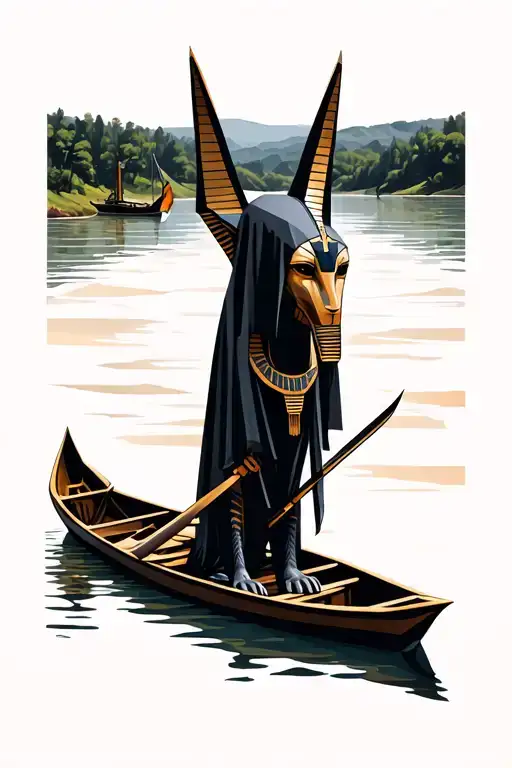 Anubis in a geometric style against the background of a river along which a boat with a person in a black cloak with a hood Anubis's head floats tattoo design idea