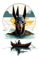 Anubis in a geometric style against the background of a river along which a boat with a person in a black cloak with a hood Anubis's head floats tattoo design idea