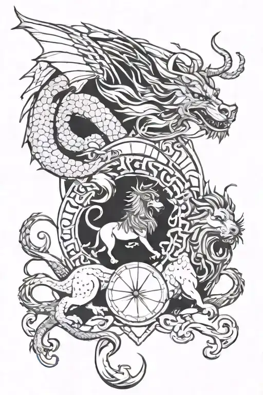 Dragon + Lion king surrounded tattoo design idea