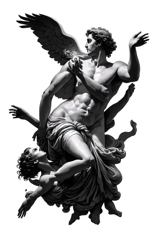 Adonis and aphrodite goddess trying to touch fingers while falling tattoo design idea