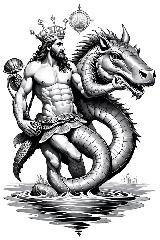 mythological hippocampus and King Neptune holding a shellback turtle tattoo design idea